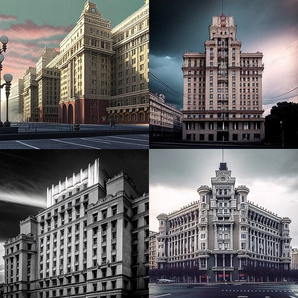 Stalinist architecture style, Midjourney Niji 4, render 1 of 4