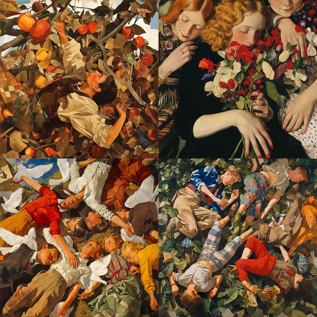 Stanley Spencer style, Midjourney Niji 6, render 1 of 4