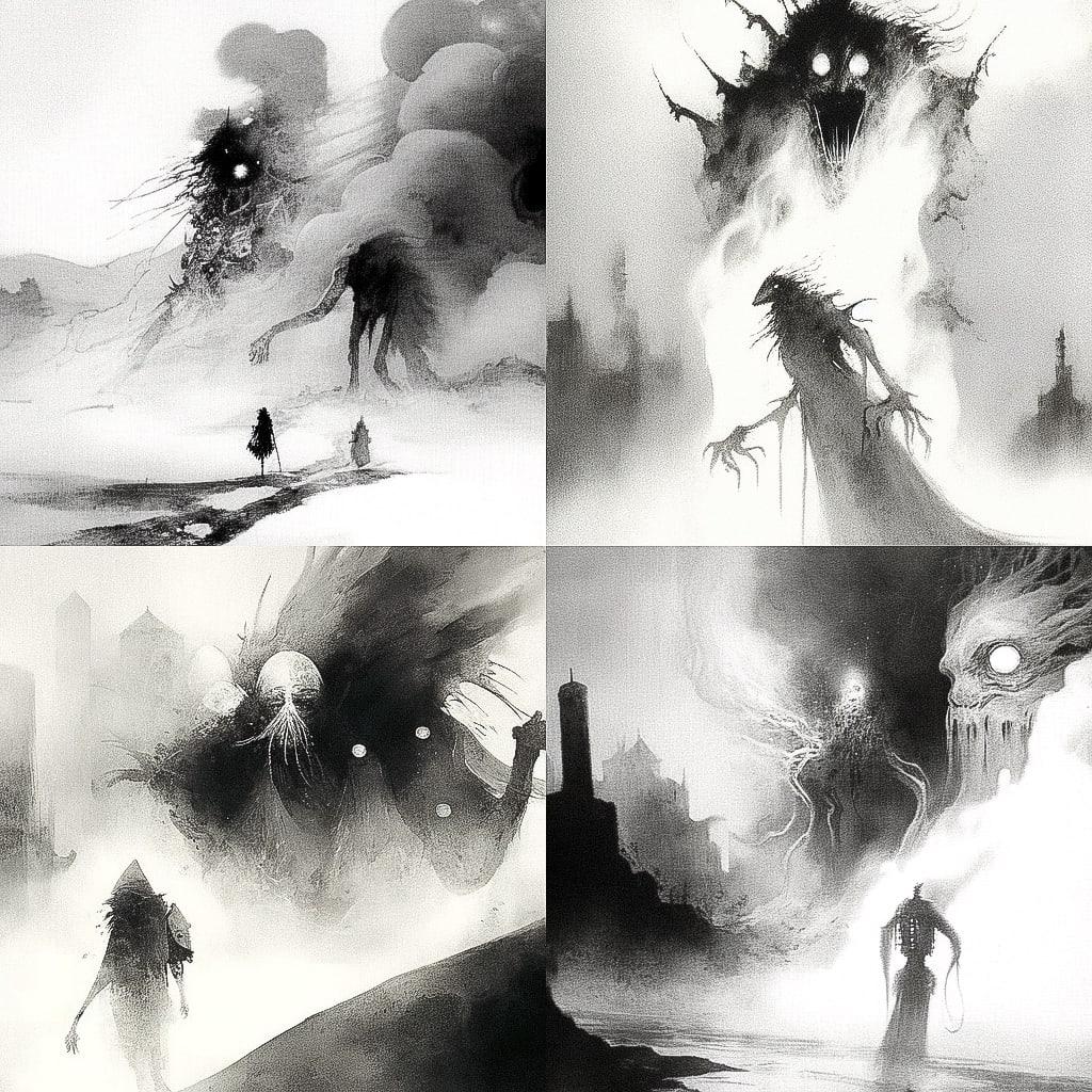 Stephen Gammell style, Midjourney Niji 4, render 1 of 4