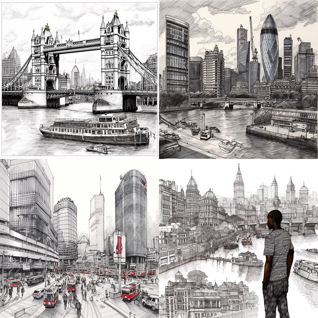 Stephen Wiltshire style, Midjourney Niji 5, render 1 of 4