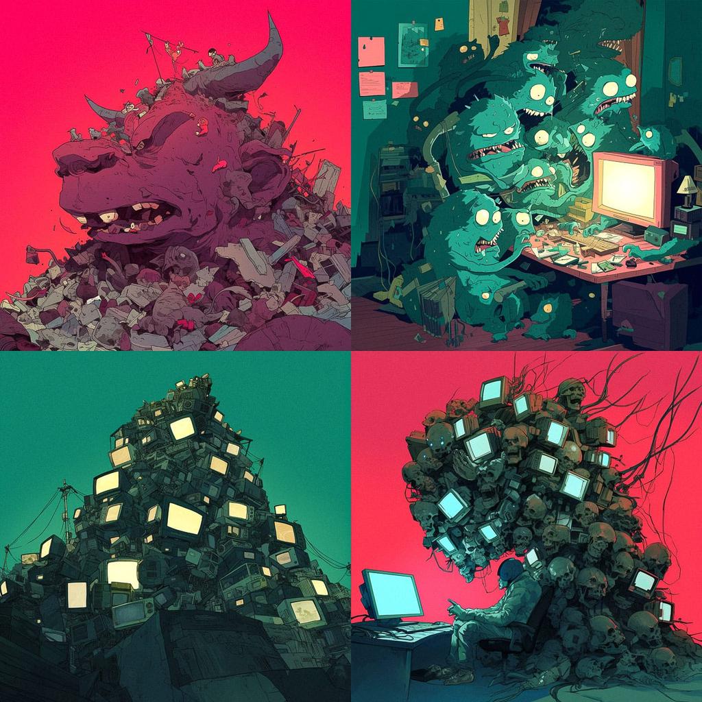 Steve Cutts style, Midjourney Niji 6, render 1 of 4