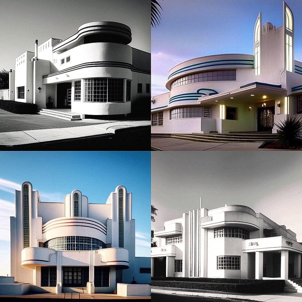 Streamline Moderne architecture style, Midjourney Niji 4, render 1 of 4