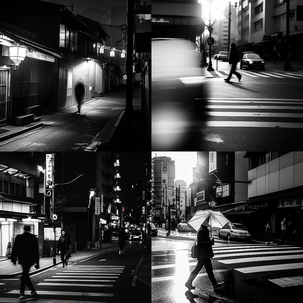 Street photography style, Midjourney Niji 4, render 1 of 4
