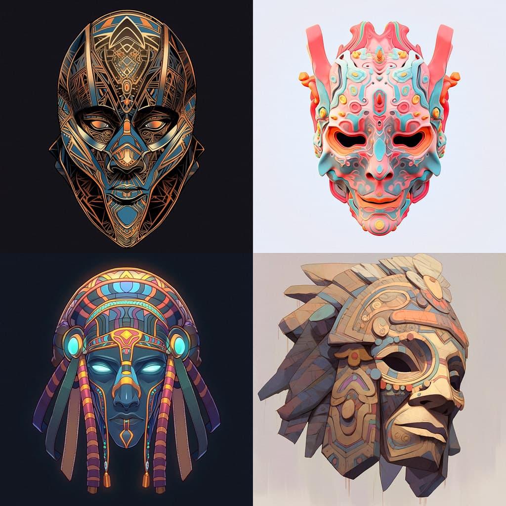 Sumerian death mask style, Midjourney Niji 5, render 1 of 4