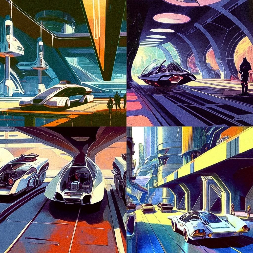 Syd Mead style, Midjourney Niji 4, render 1 of 4