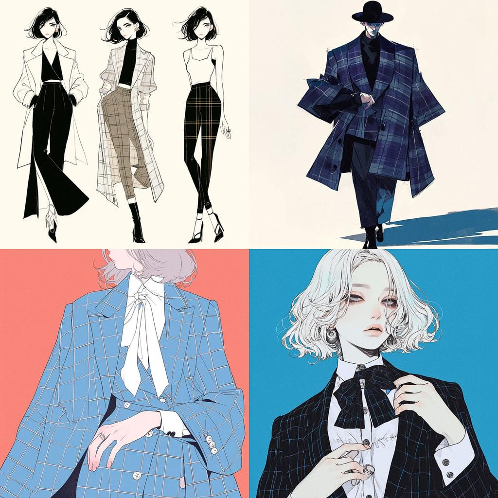 Tailored fashion style, Midjourney Niji 6, render 1 of 4