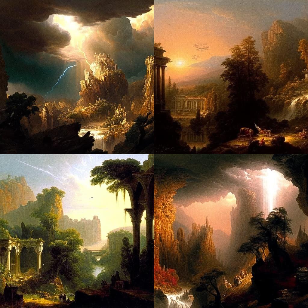 Thomas Cole style, Midjourney Niji 5, render 1 of 4