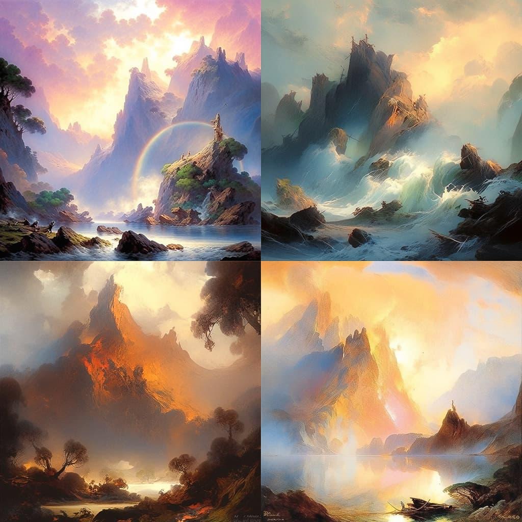Thomas Moran style, Midjourney Niji 5, render 1 of 4