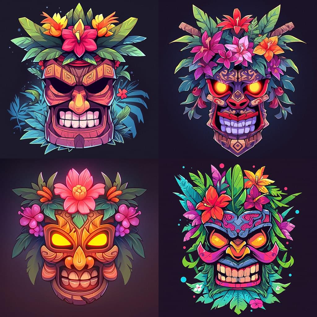 Tiki mask style, Midjourney Niji 5, render 1 of 4