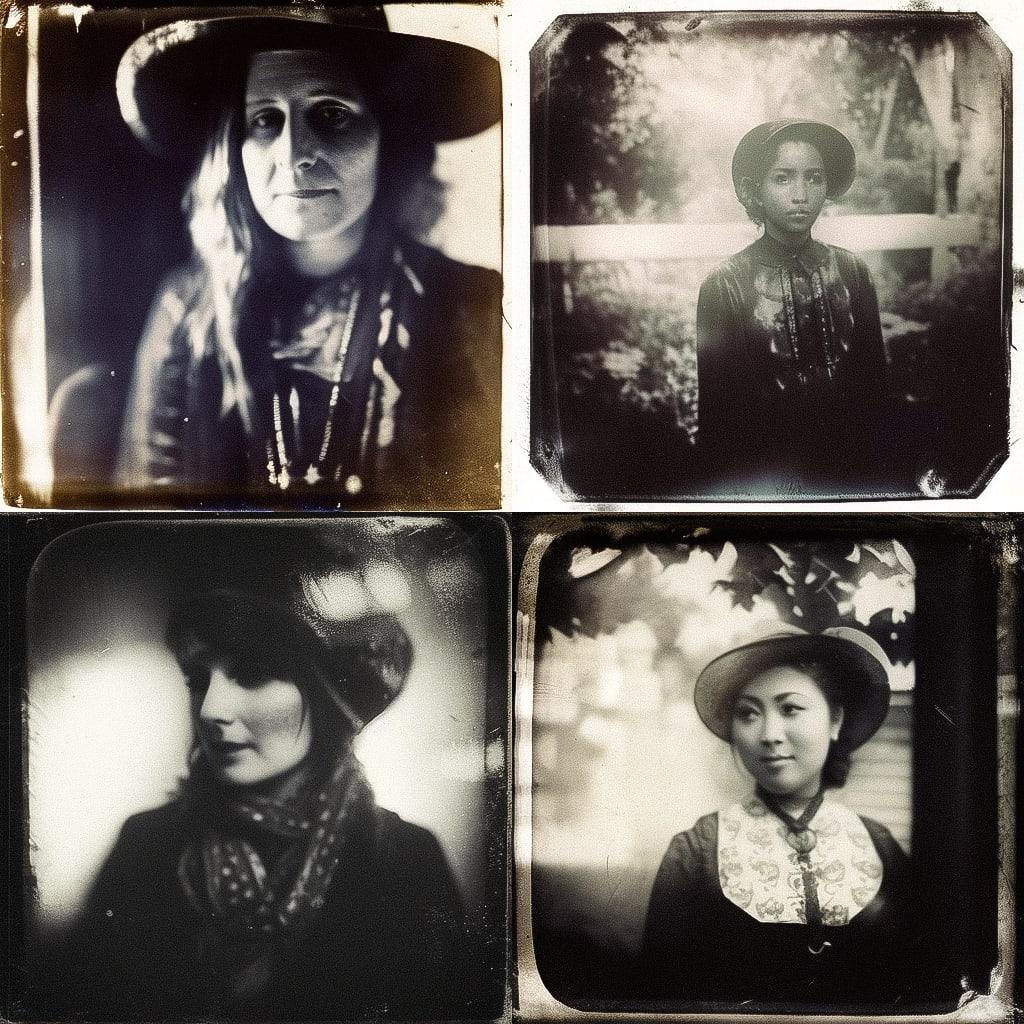 Tintype print style, Midjourney Niji 4, render 1 of 4