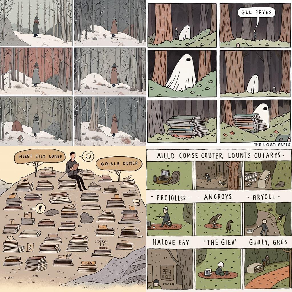 Tom Gauld style, Midjourney Niji 5, render 1 of 4