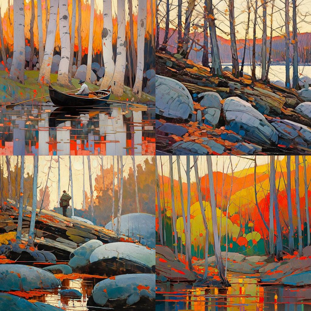Tom Thomson style, Midjourney Niji 5, render 1 of 4