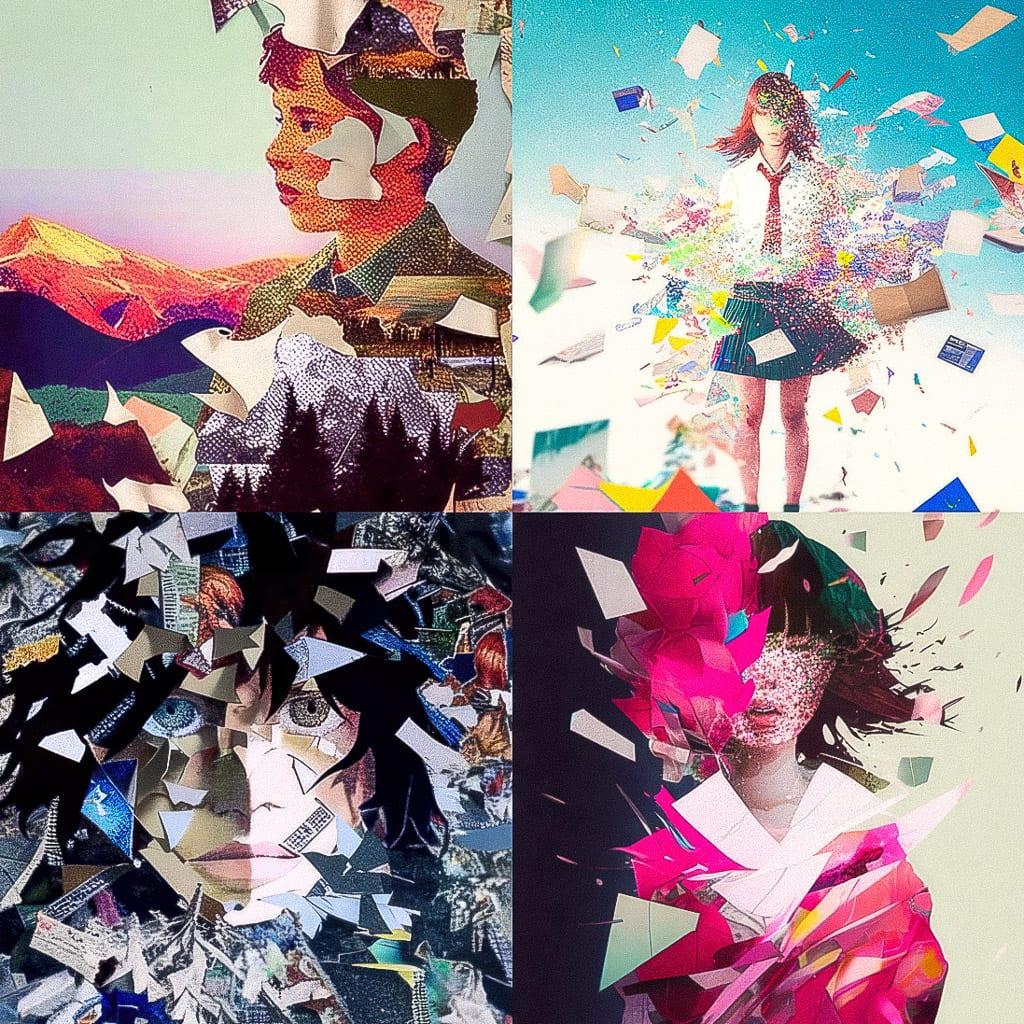 Torn paper collage style, Midjourney Niji 4, render 1 of 4