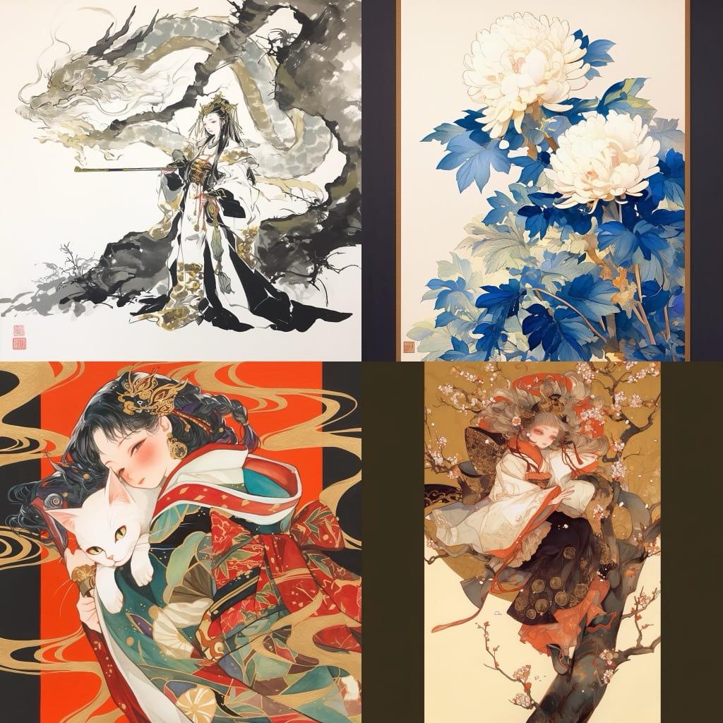 Traditional Scroll Painting style, Midjourney Niji 6, render 1 of 4
