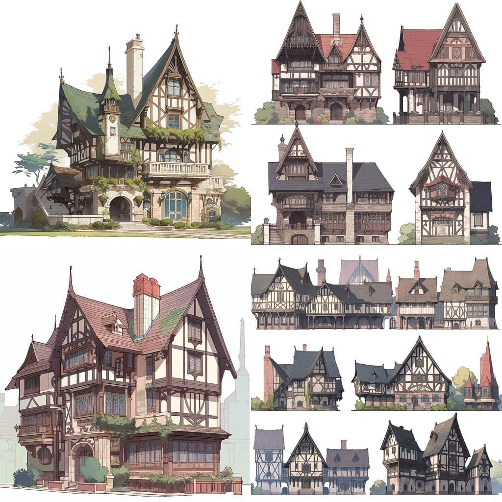 Tudor architecture style, Midjourney Niji 5, render 1 of 4
