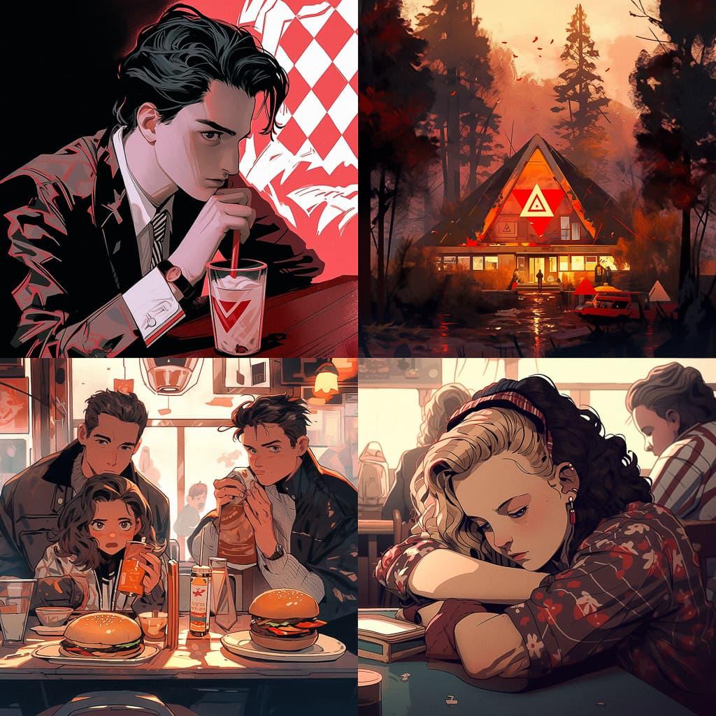 Twin Peaks style, Midjourney Niji 5, render 1 of 4