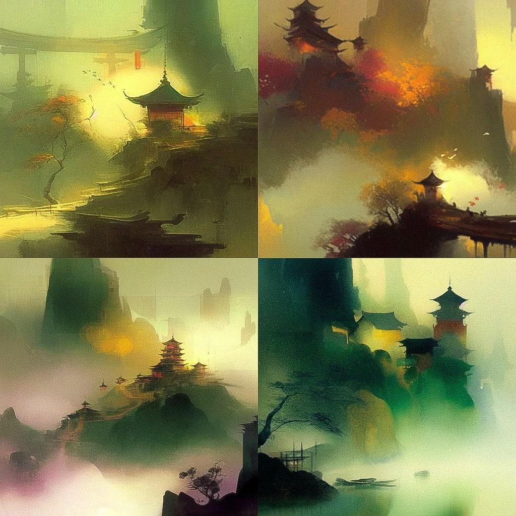 Tyrus Wong style, Midjourney Niji 4, render 1 of 4