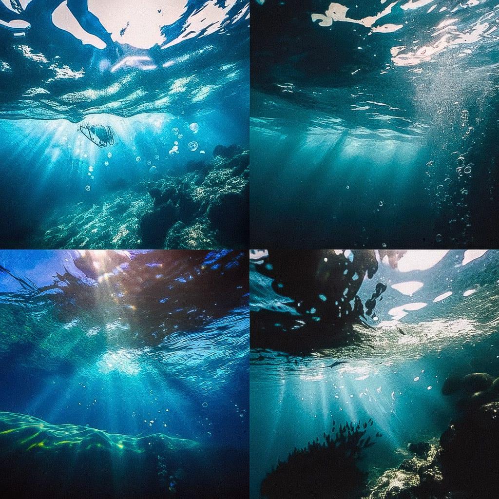 Underwater photography style, Midjourney Niji 4, render 1 of 4