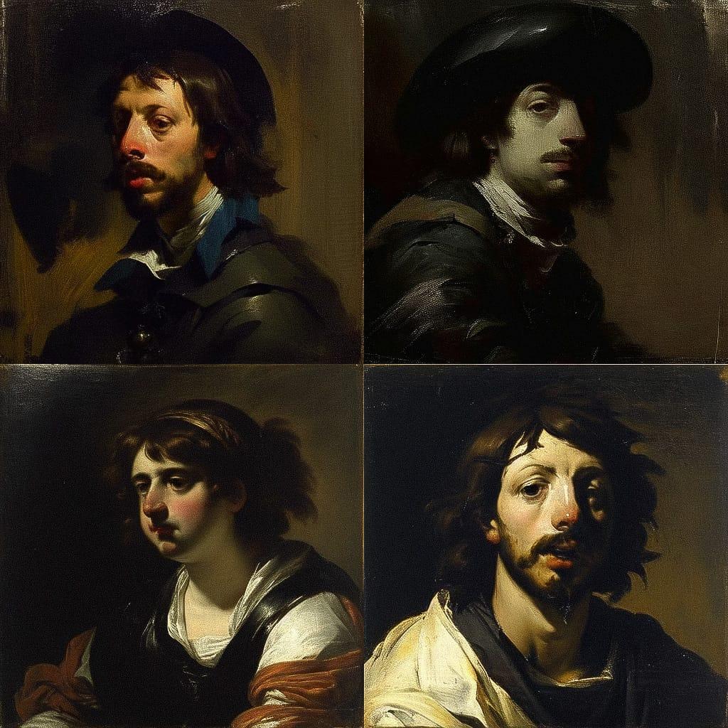 Valentin de Boulogne style, Midjourney Niji 4, render 1 of 4