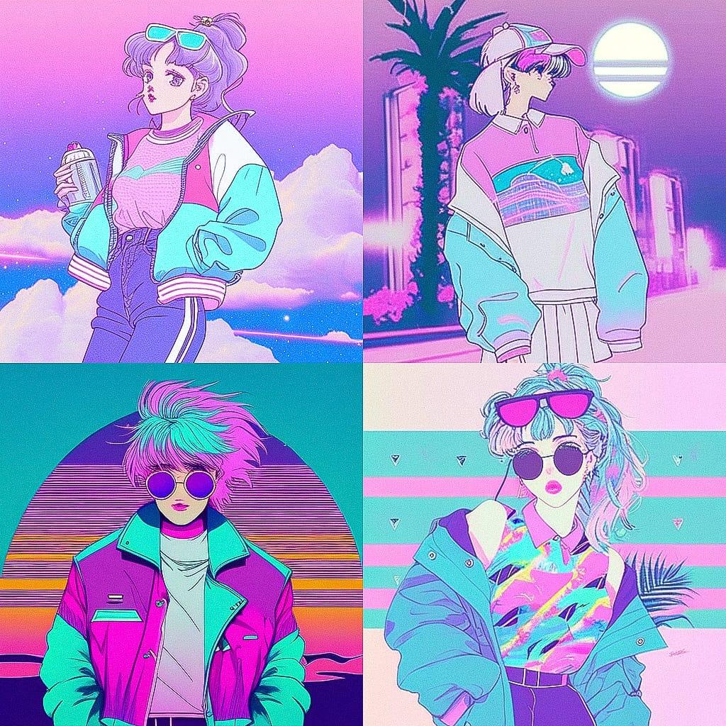 Vaporwave fashion style, Midjourney Niji 4, render 1 of 4
