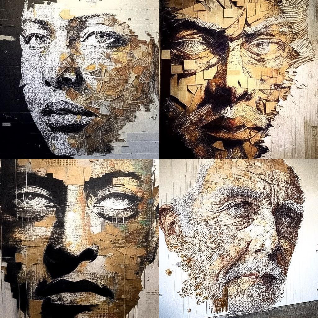 Vhils style, Midjourney Niji 4, render 1 of 4
