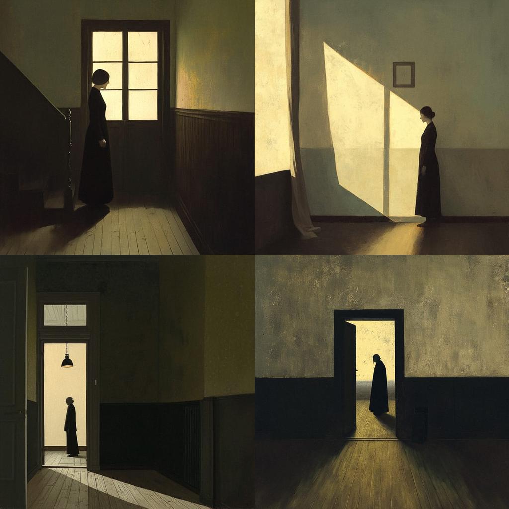 Vilhelm Hammershoi style, Midjourney Niji 6, render 1 of 4