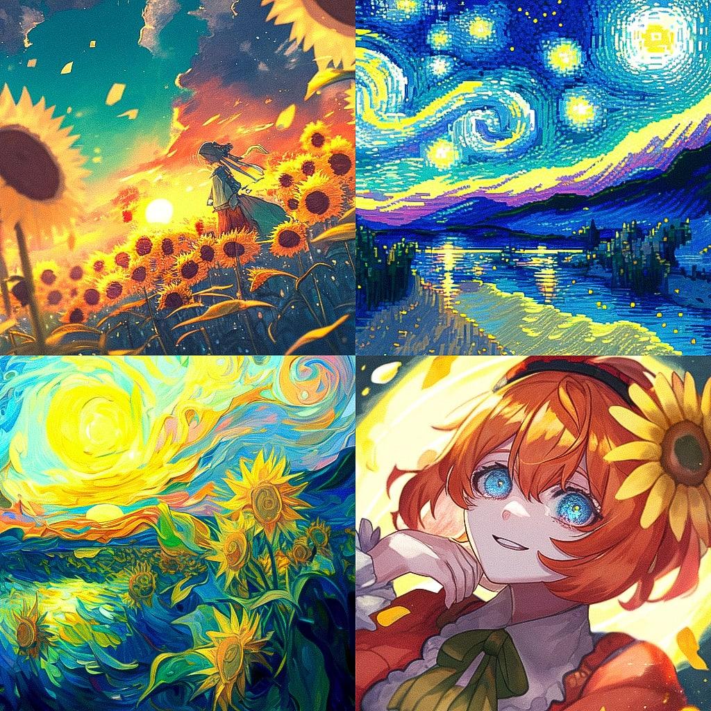 Vincent van Gogh style, Midjourney Niji 4, render 1 of 4