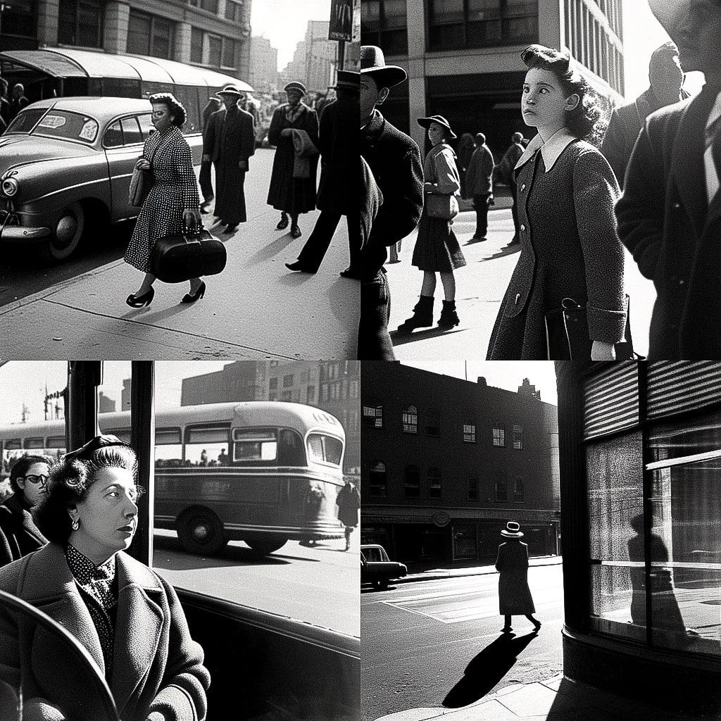 Vivian Maier style, Midjourney Niji 4, render 1 of 4