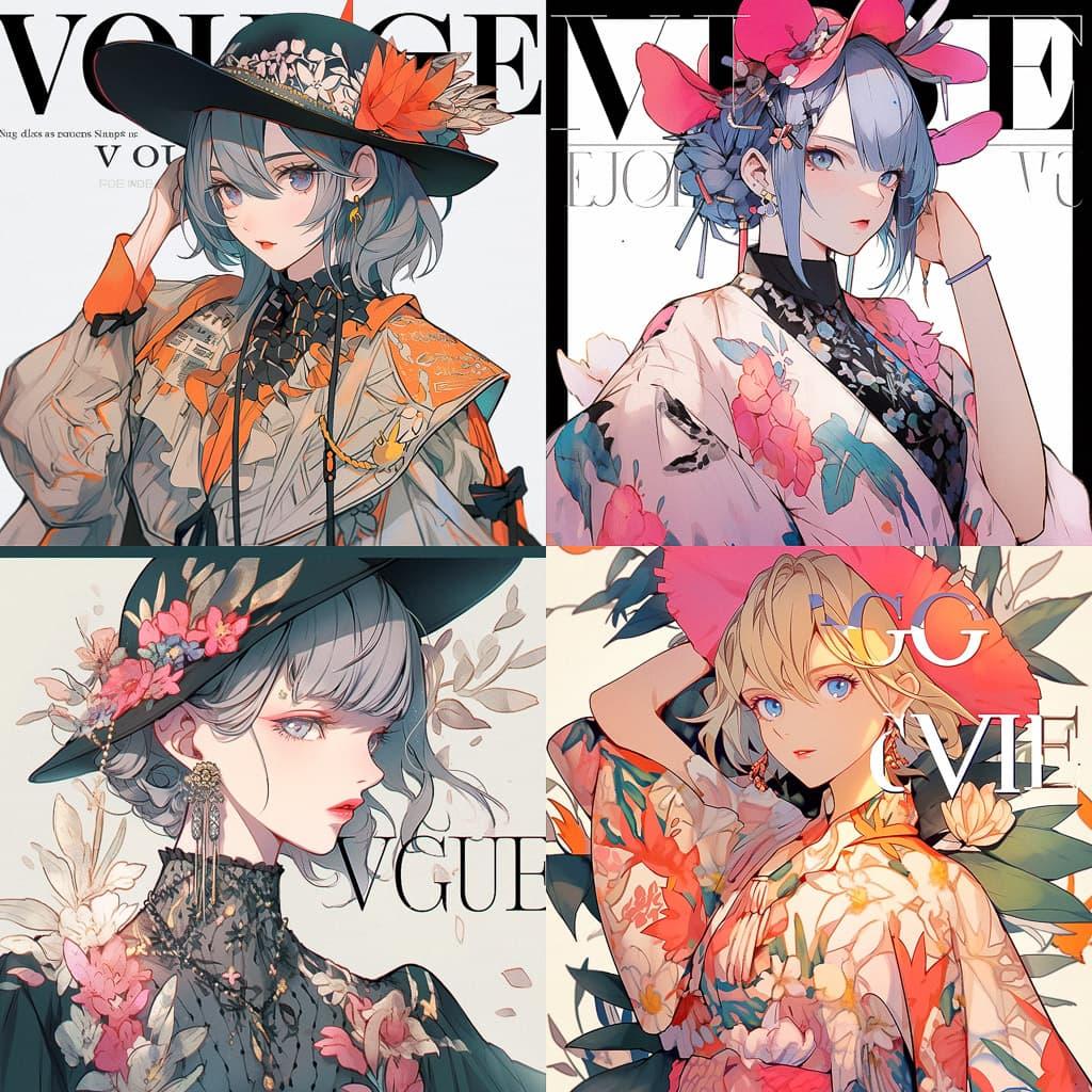 Vogue magazine style, Midjourney Niji 5, render 1 of 4