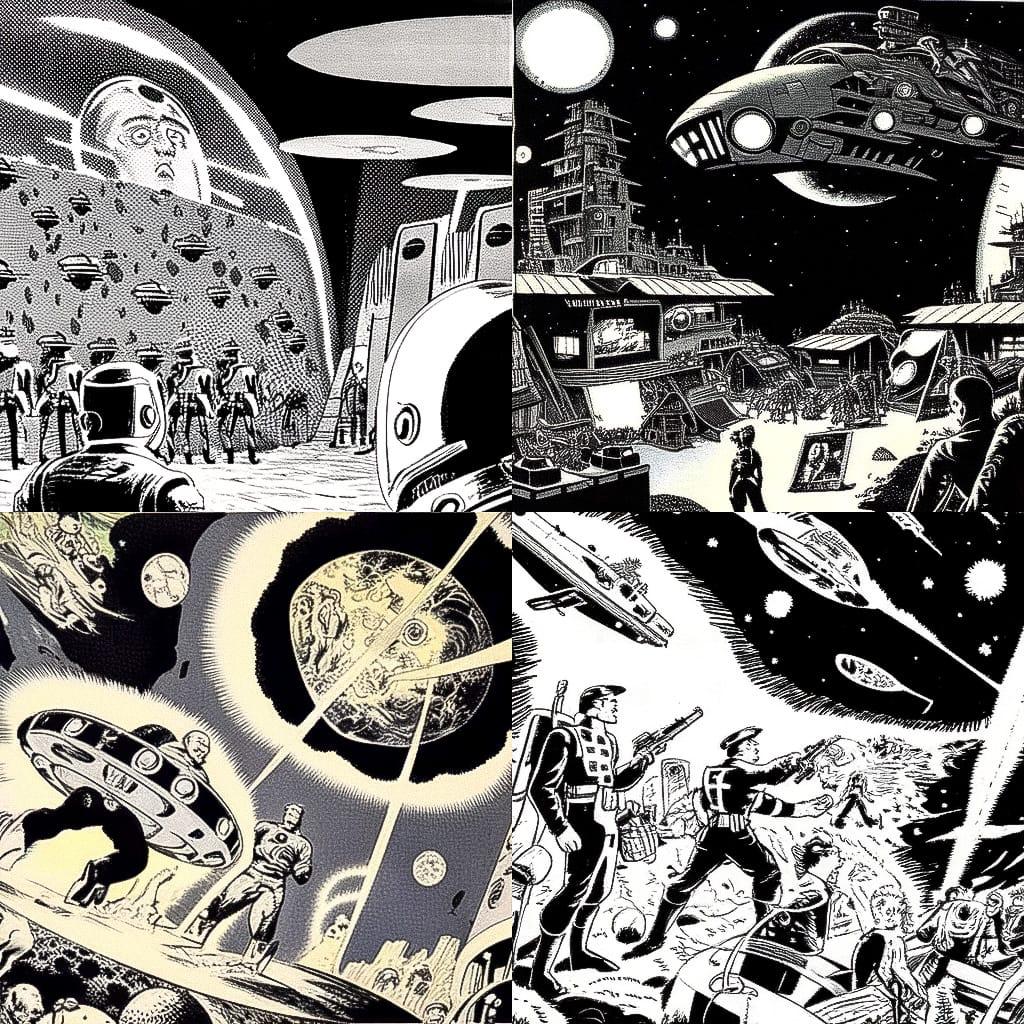 Wally Wood style, Midjourney Niji 4, render 1 of 4