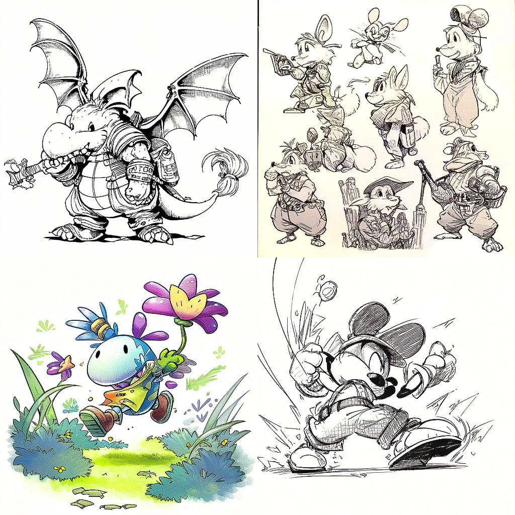 Walt Kelly style, Midjourney Niji 4, render 1 of 4