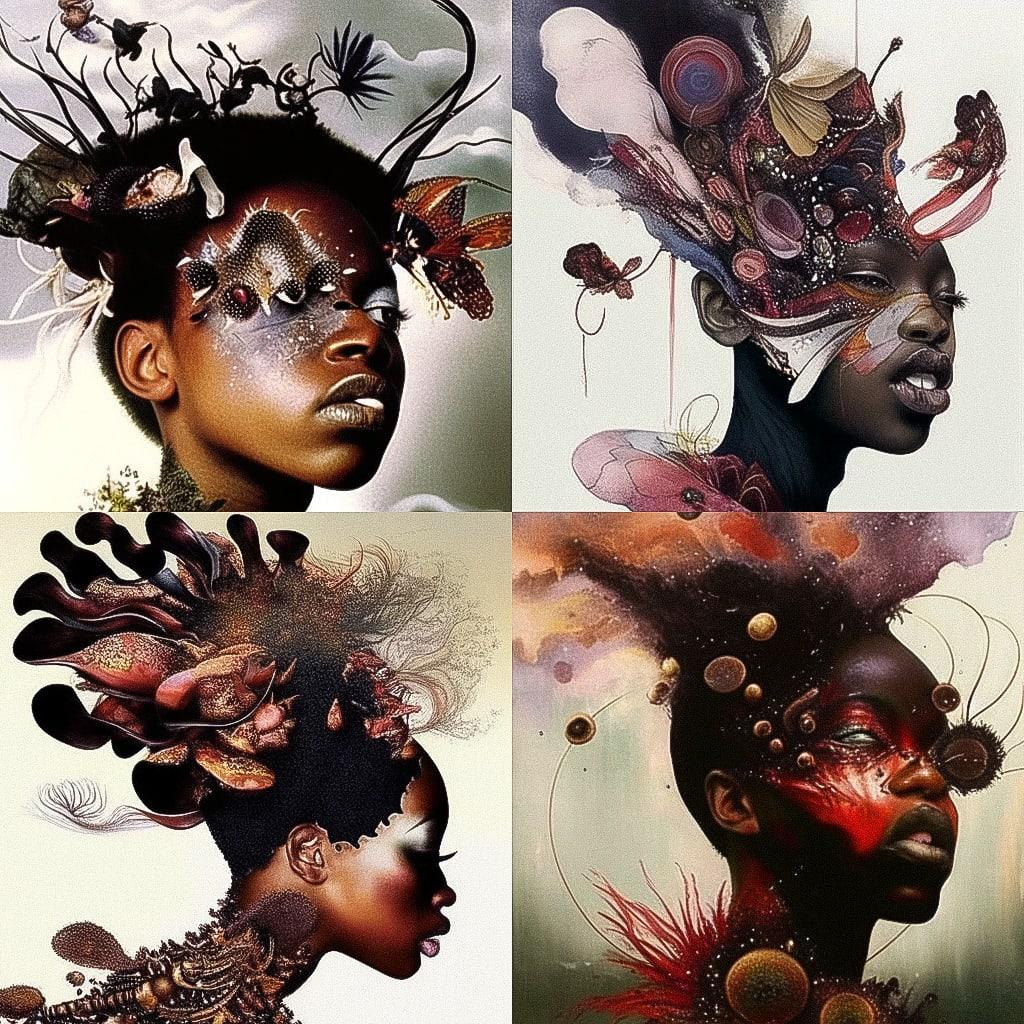 Wangechi Mutu style, Midjourney Niji 4, render 1 of 4