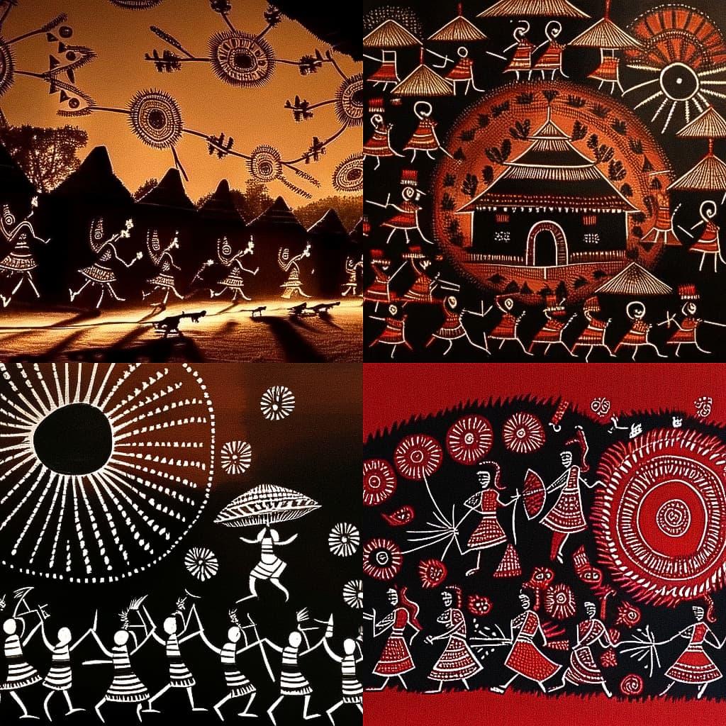 Warli painting style, Midjourney Niji 5, render 1 of 4