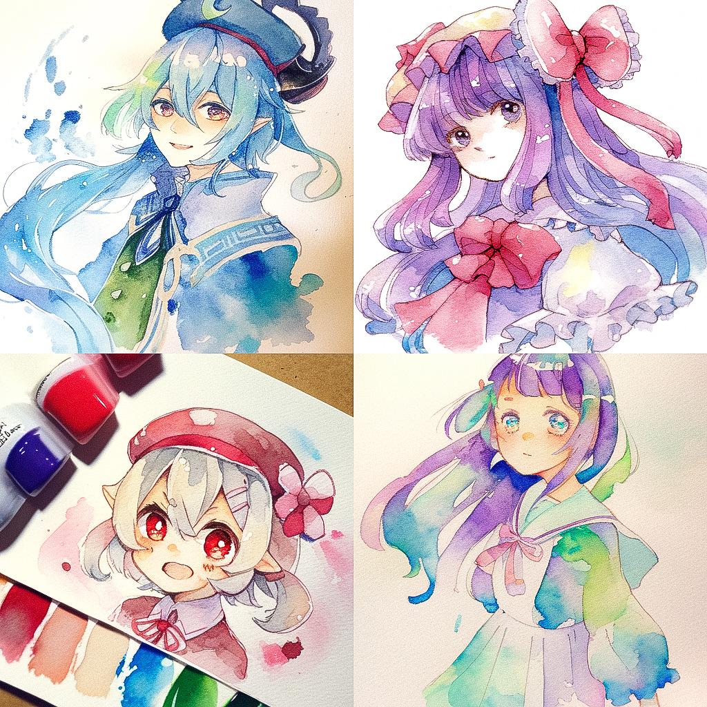 Watercolor paint style, Midjourney Niji 4, render 1 of 4