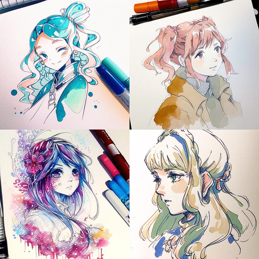 Watercolor with ink pen outline style, Midjourney Niji 4, render 1 of 4
