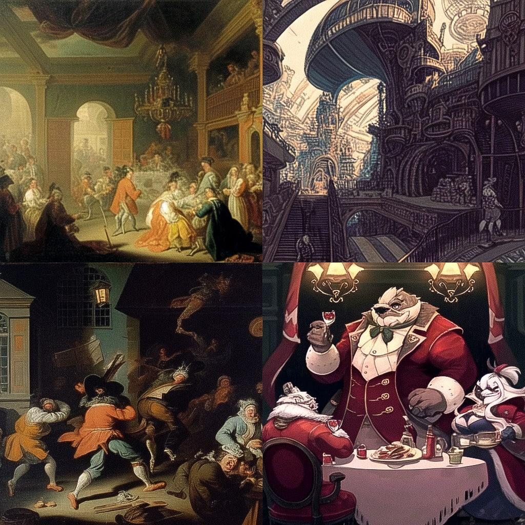 William Hogarth style, Midjourney Niji 4, render 1 of 4