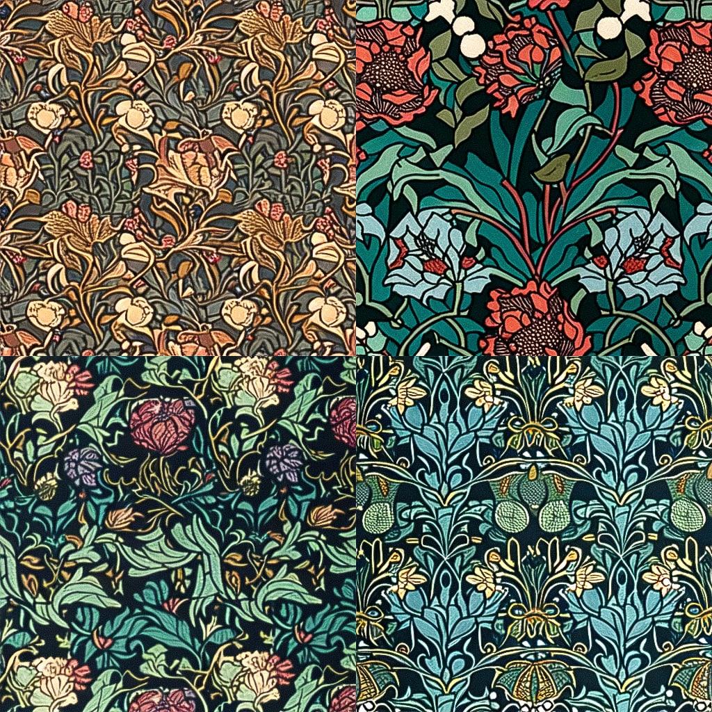 William Morris style, Midjourney Niji 4, render 1 of 4