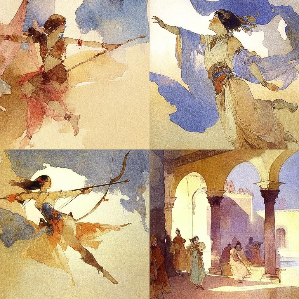 William Russell Flint style, Midjourney Niji 4, render 1 of 4