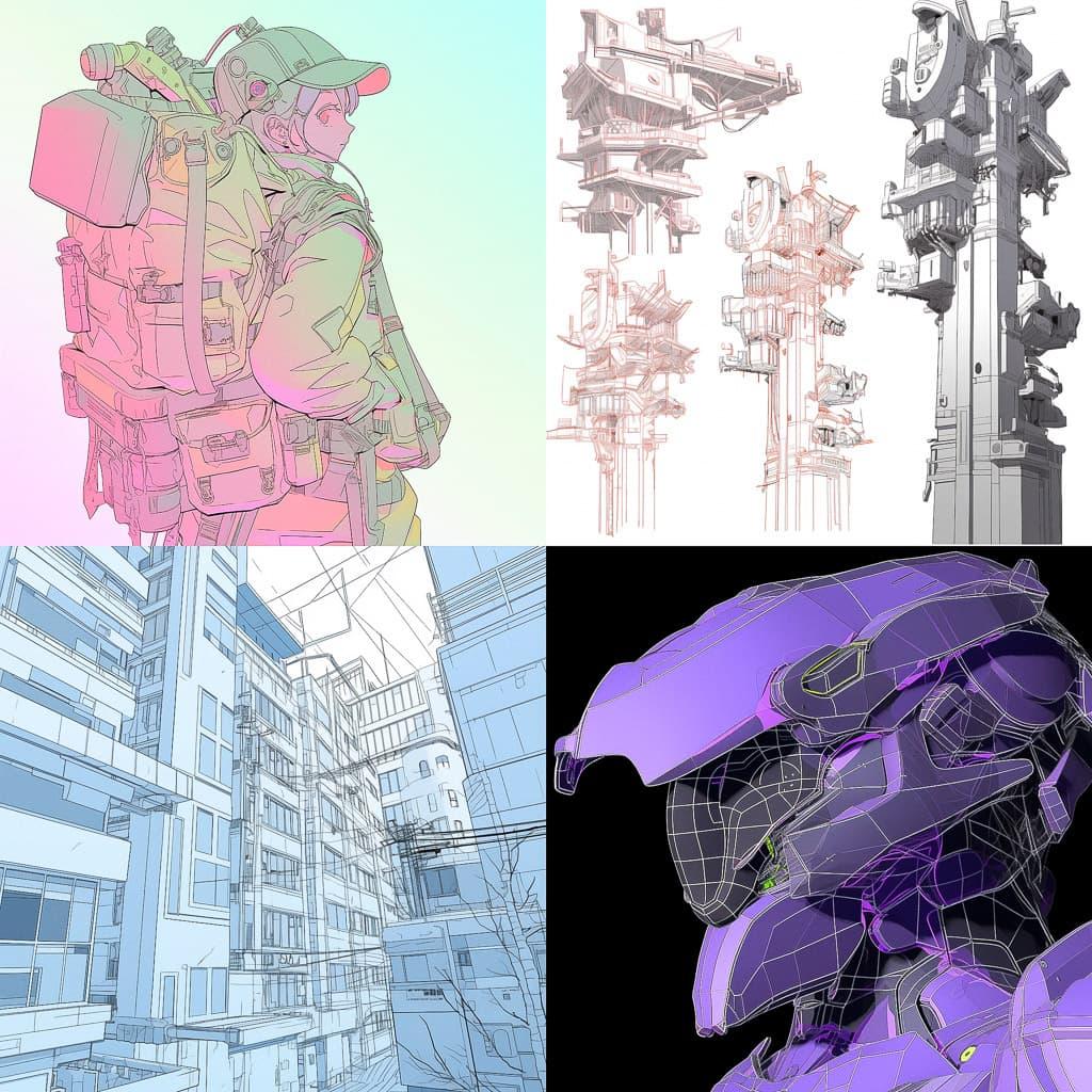 Wireframe style, Midjourney Niji 5, render 1 of 4