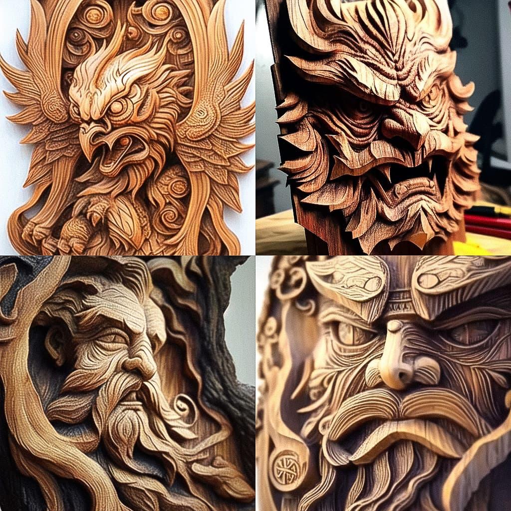 Wood carving style, Midjourney Niji 5, render 1 of 4
