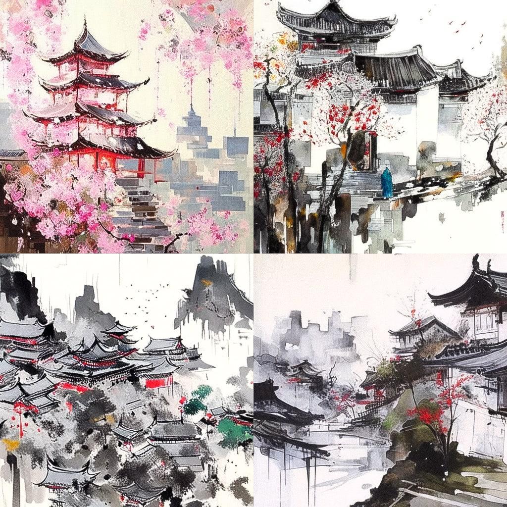 Wu Guanzhong style, Midjourney Niji 4, render 1 of 4