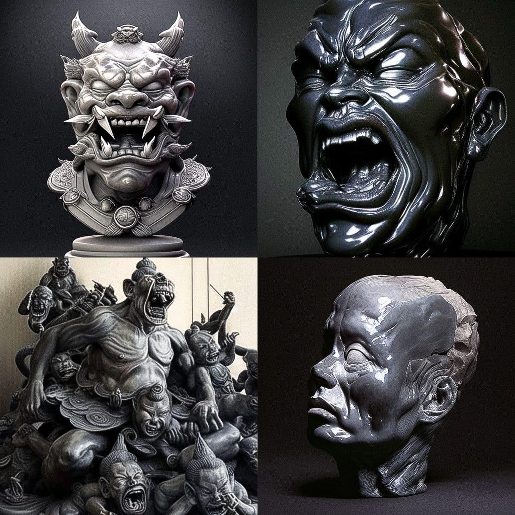 Yue Minjun style, Midjourney Niji 4, render 1 of 4