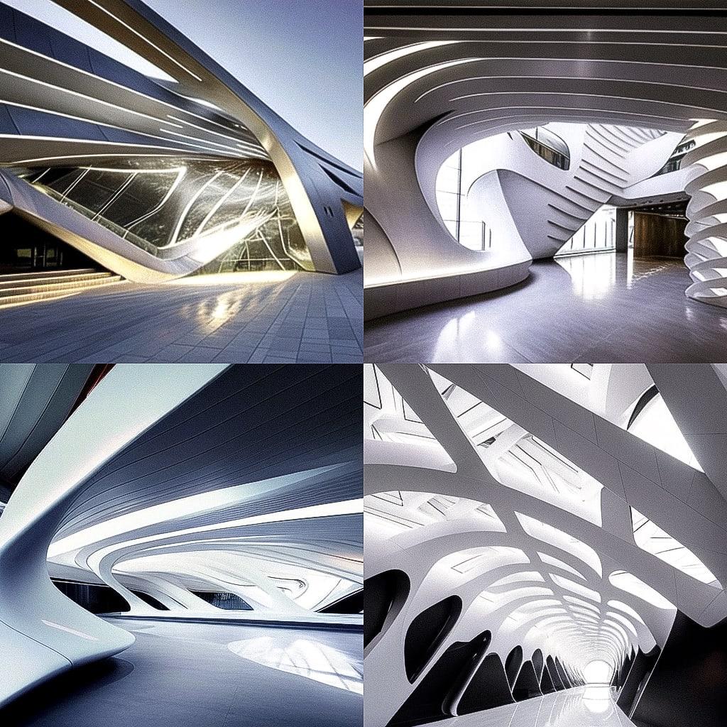Zaha Hadid style, Midjourney Niji 4, render 1 of 4