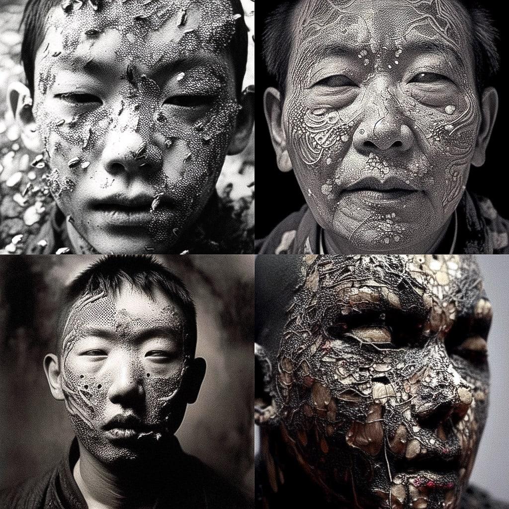 Zhang Huan style, Midjourney Niji 5, render 1 of 4