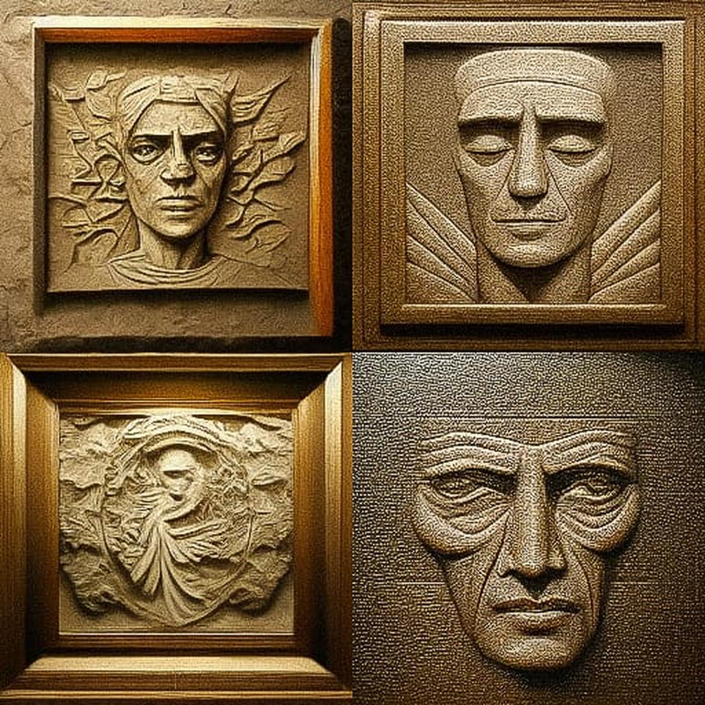 Bas-relief style, Midjourney V3, render 1 of 4