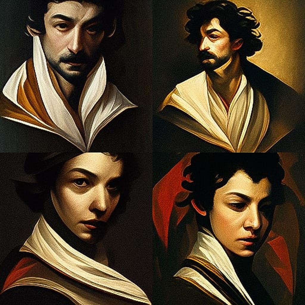 Caravaggio style, Midjourney V3, render 1 of 4