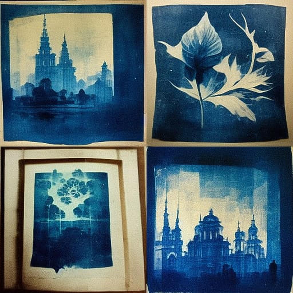 Cyanotype print style, Midjourney V3, render 1 of 4