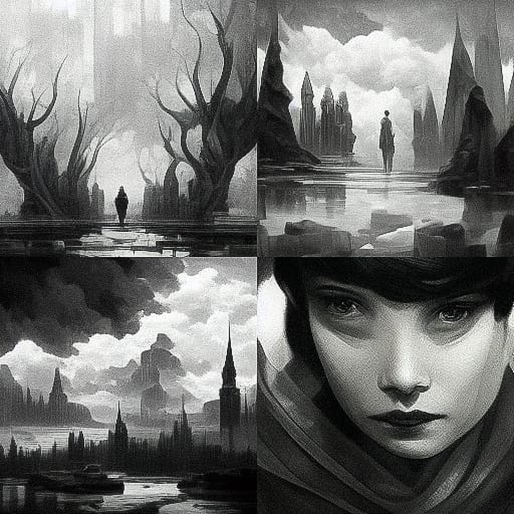 Grayscale style, Midjourney V3, render 1 of 4