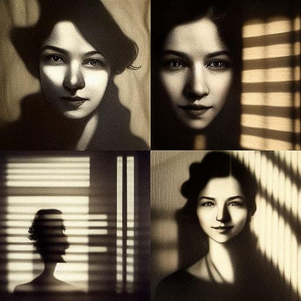 Portrait shot with light and shadow from window blinds style, Midjourney V3, render 1 of 4