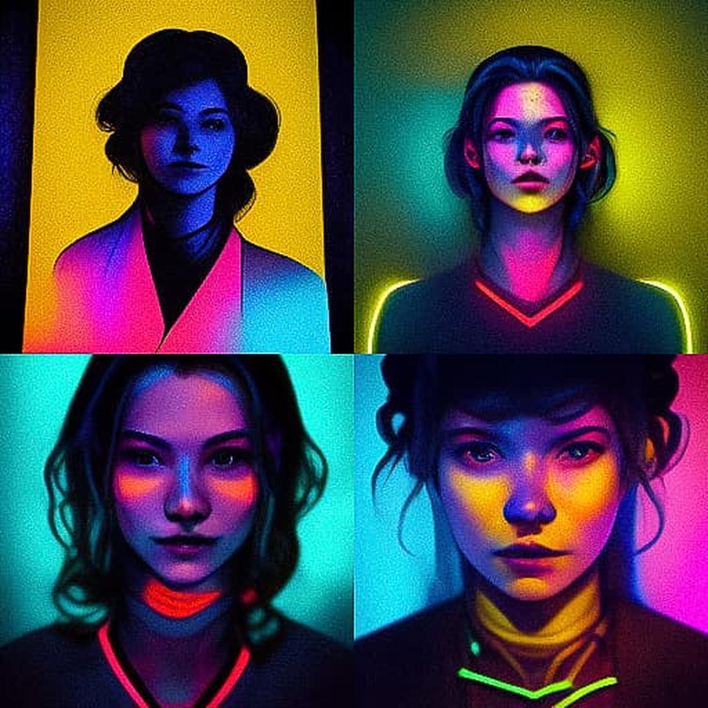 Portrait shot with neon lighting style, Midjourney V3, render 1 of 4